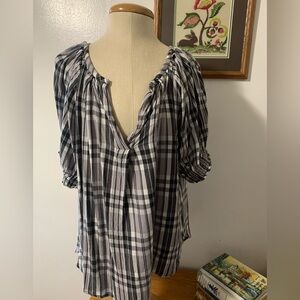 LOFT Plaid Balloon Sleeve Blouse in Black, Grey & White L